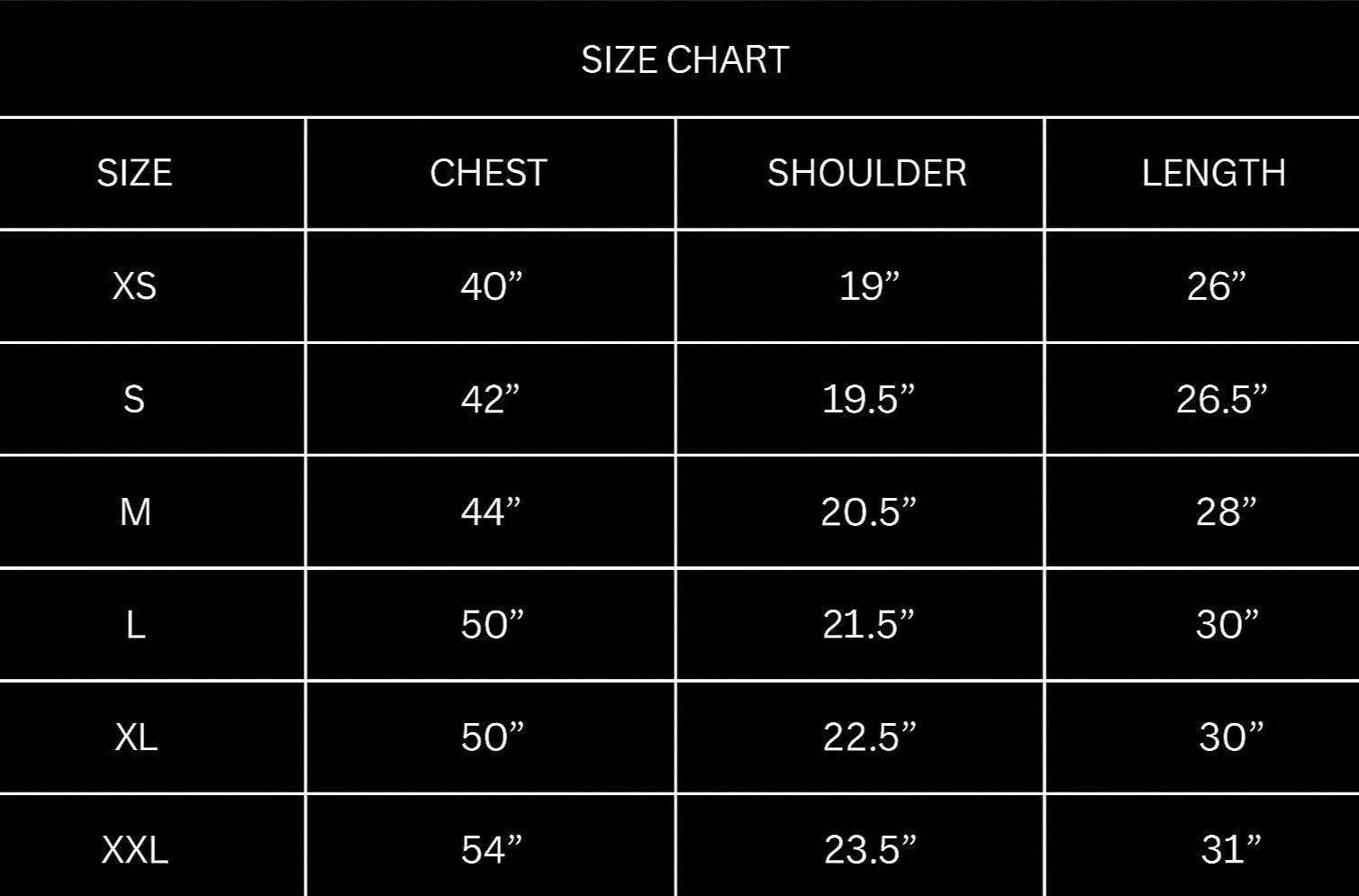 Size chart for BLUE CLUB TEE